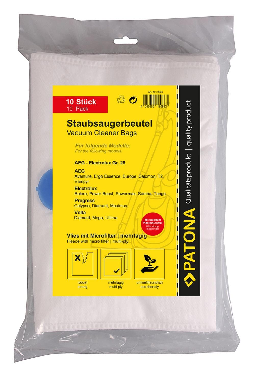 PATONA 10 Staubsaugerbeutel mehrlagig Vlies inkl. Microfilter für AEG Größe 28