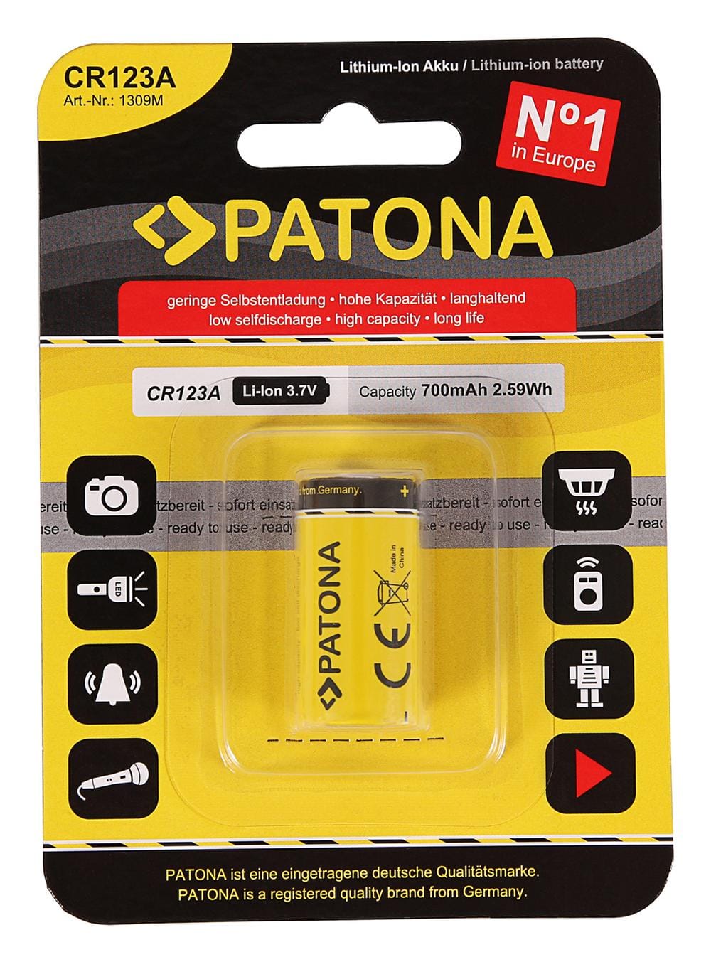 PATONA Akku CR123A 16340 Li-Ion 3,7 V 700 mAh für Digitalkameras LED-Taschenlampen Laserpointern Video-Überwachungssysteme Modellbau PATONA Akku CR123A 16340 Li-Ion 3,7 V 700 mAh für Digitalkameras LED-Taschenlampen Laserpointern Video-Überwachungssysteme Modellbau