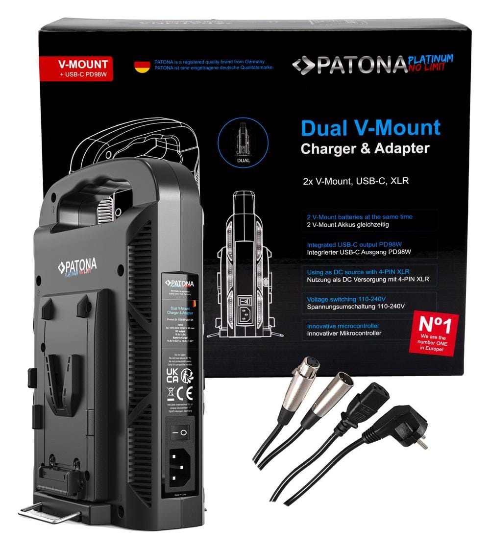 PATONA Platinum 2‑Kanal Ladegerät für V‑Mount Akkus 6A×2 USB‑C PD100W inkl. 4‑Pin XLR Kabel