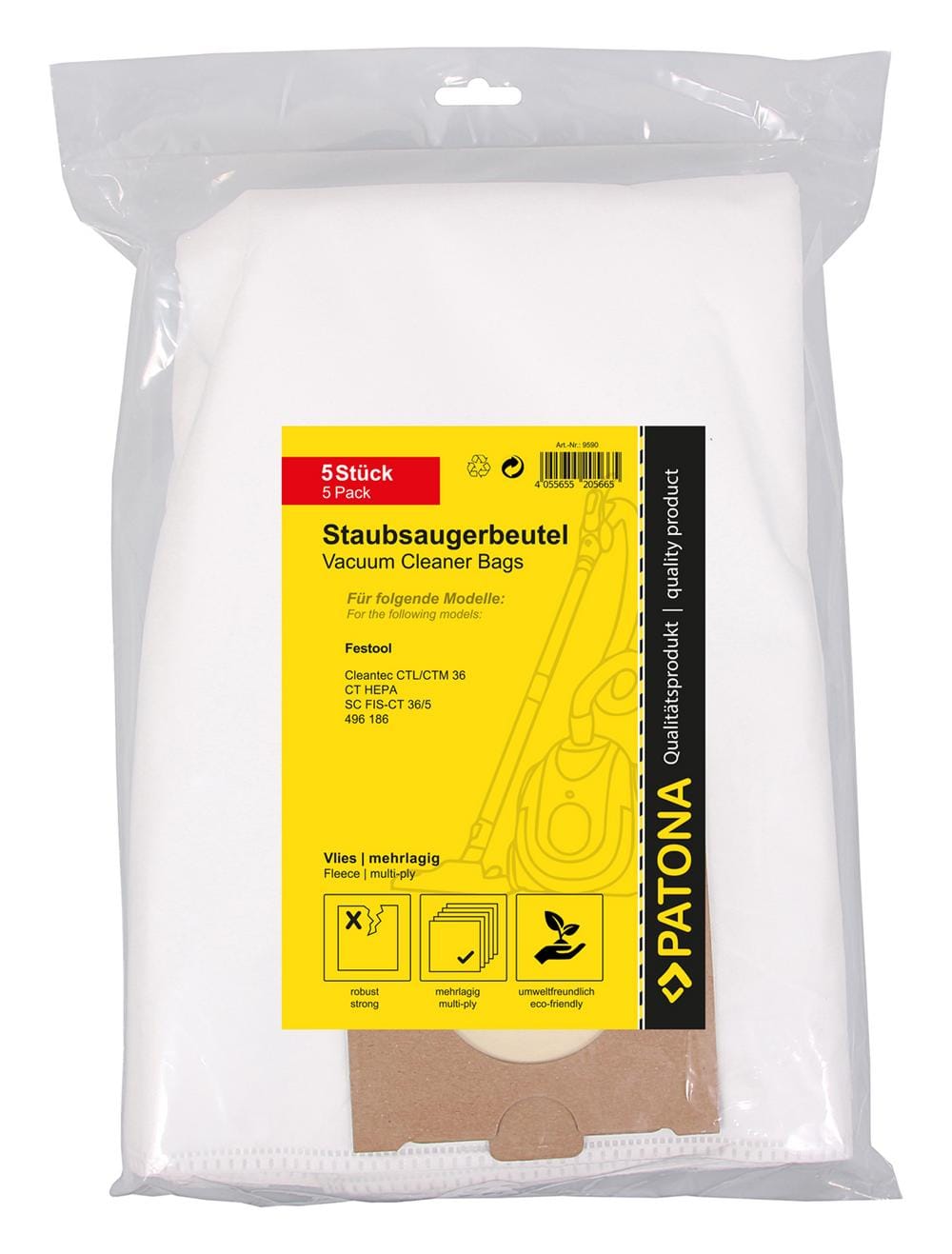 PATONA 5 Staubsaugerbeutel mehrlagig Vlies für Festool CT36 CTL36 CTM36 CT HEPA FIS-CT SYS 5 496186 PATONA 5 Staubsaugerbeutel mehrlagig Vlies für Festool CT36 CTL36 CTM36 CT HEPA FIS-CT SYS 5 496186