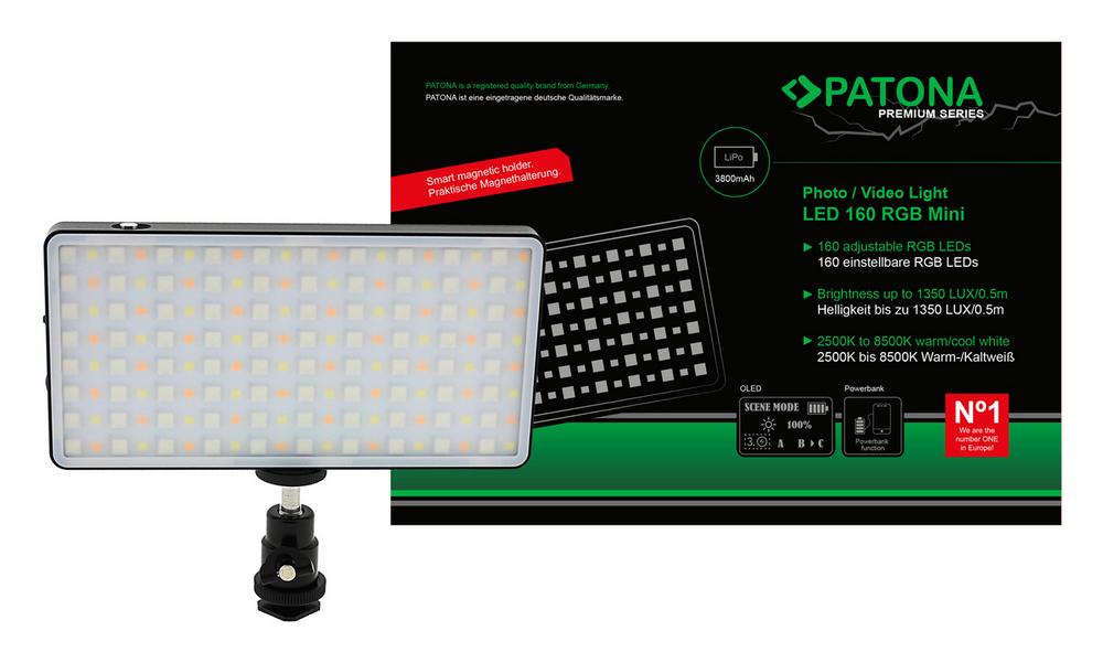 PATONA Premium LED Foto und Videolicht mit 160 einstellbaren RGB LEDs und 3 Szenen inklusive Tragetasche